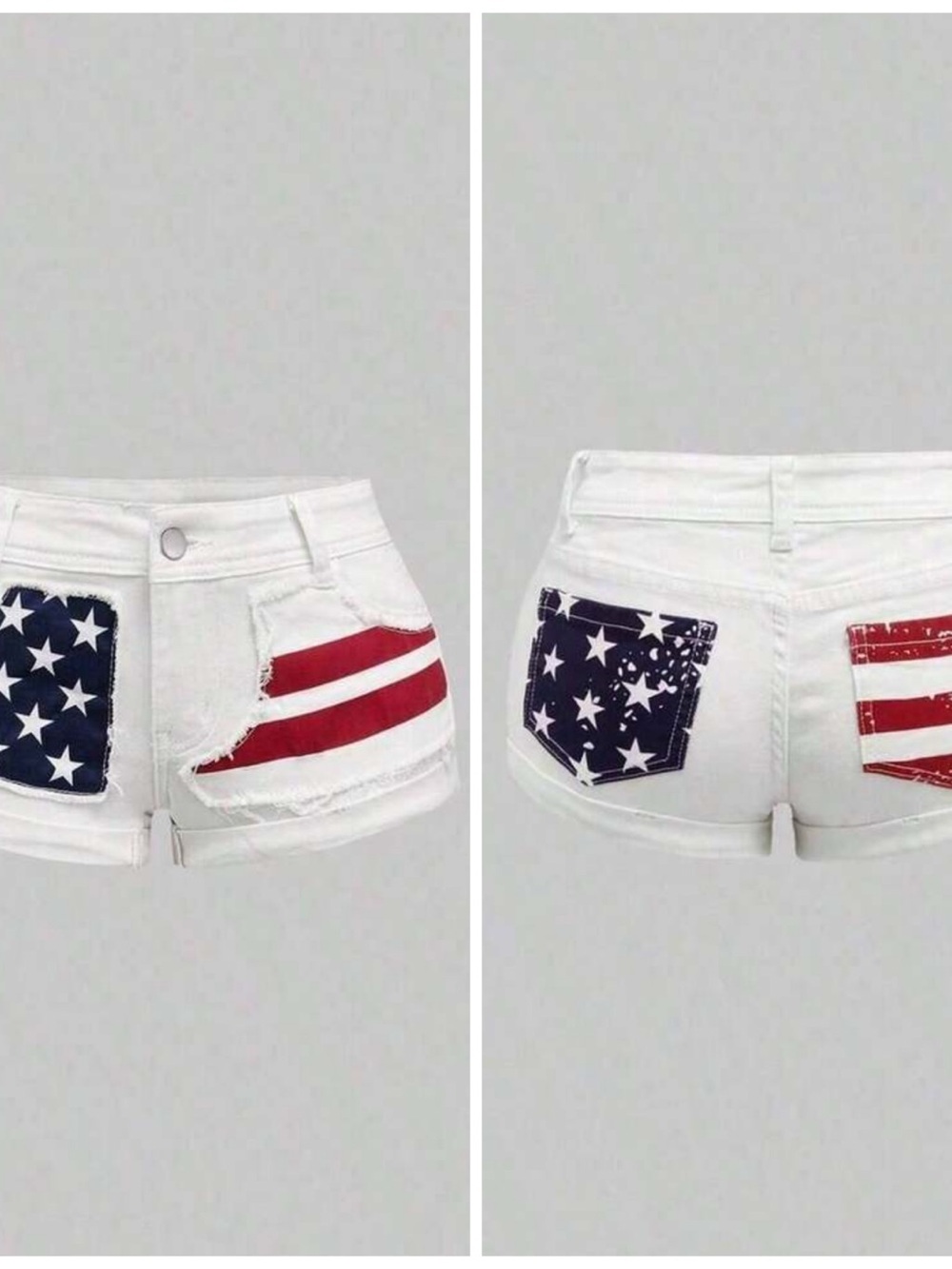 White Women's Shortie Denim Shorts with American Flag Patches